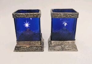 Cobalt Blue Cut Glass Candle Holder, Holly Berry Silver Plate PAIR Christmas